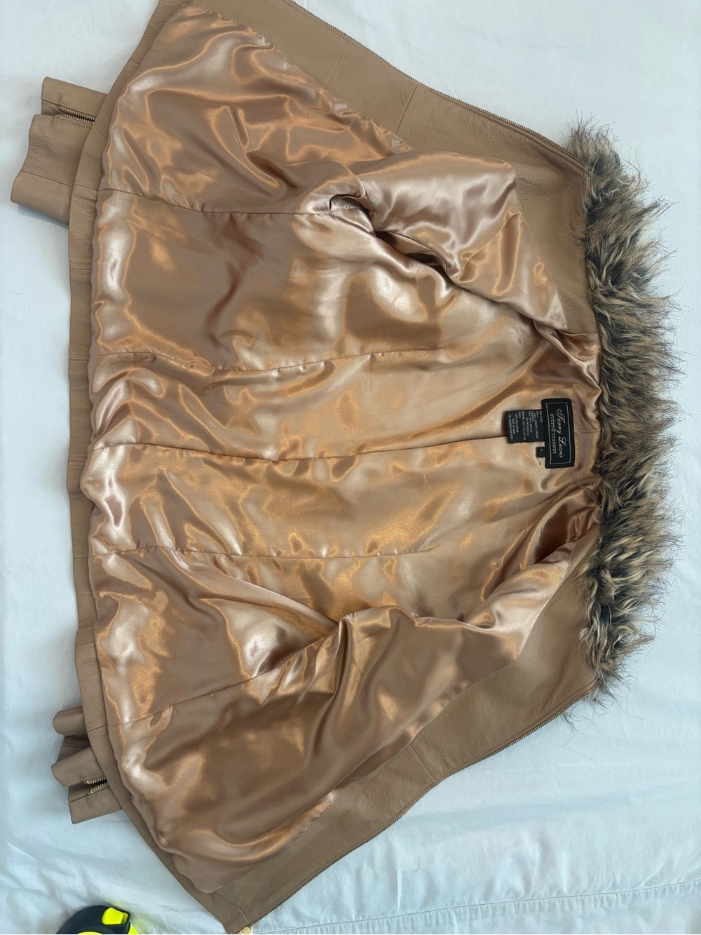 Terry Lewis Genuine Leather Jacket L Tan Faux Fur Collar Gold Zip Y2K - Picture 4 of 8